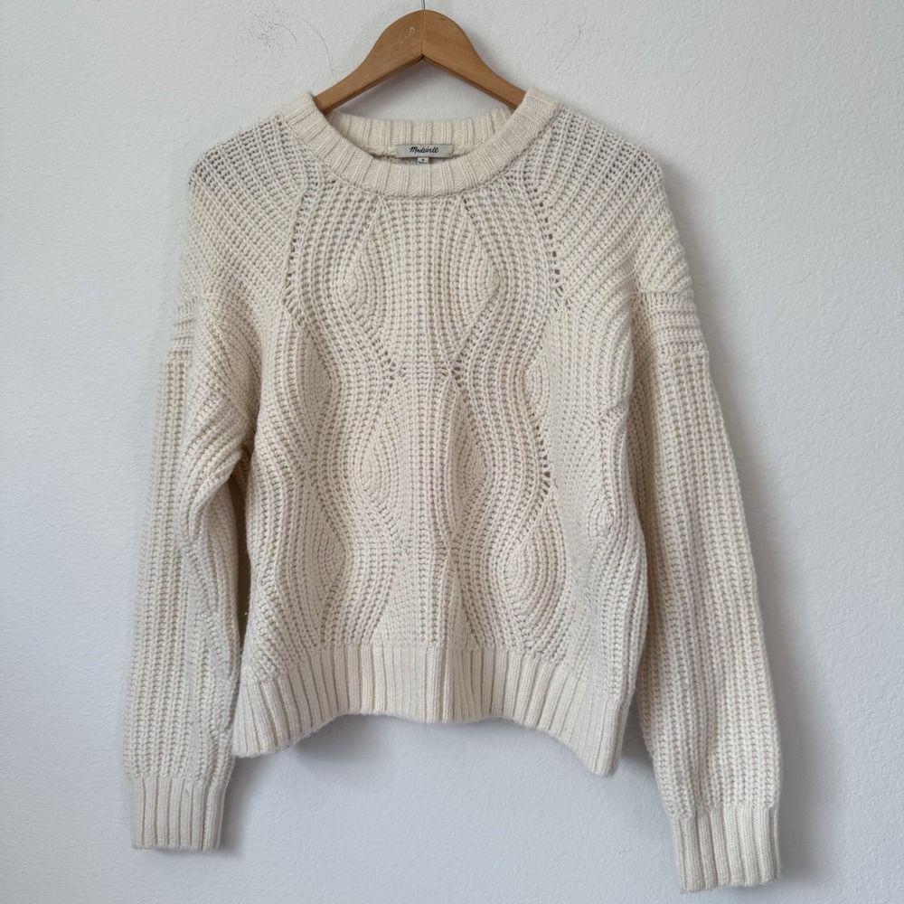 Madewell Chunky Wool Cable knit Sweater Women's Cream Pullover Sz Medium Alpaca